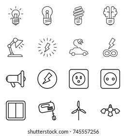 thin line icon set : bulb, brain, table lamp, lightning, electric car, infinity power, megafon, electricity, socket, switch, mixer, windmill, hard reach place cleaning