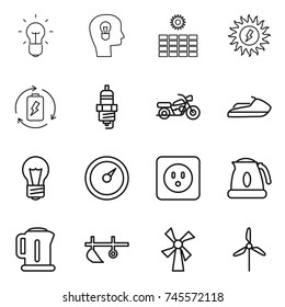 thin line icon set : bulb, head, sun power, battery charge, spark plug, motorcycle, jet ski, barometer, socket, kettle, plow, windmill