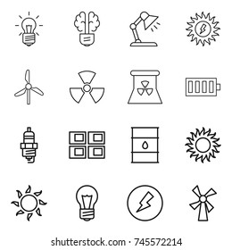 thin line icon set : bulb, brain, table lamp, sun power, windmill, nuclear, battery, spark plug, panel house, barrel, electricity
