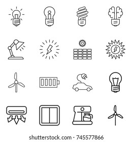 thin line icon set : bulb, brain, table lamp, lightning, sun power, windmill, battery, electric car, air conditioning, switch, coffee maker