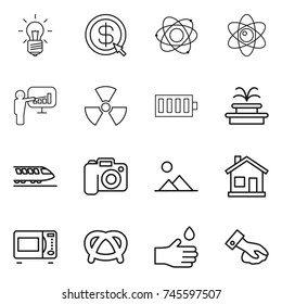 thin line icon set : bulb, dollar arrow, atom, presentation, nuclear, battery, fountain, train, camera, landscape, home, microwave oven, pretzel, hand drop, wiping
