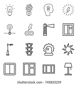 thin line icon set : bulb, head, lightning, laser, infinity power, lighthouse, window, outdoor light, traffic, alarm, sun, switch, floor lamp