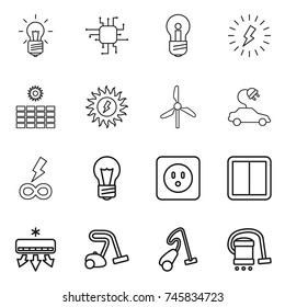 thin line icon set : bulb, chip, lightning, sun power, windmill, electric car, infinity, socket, switch, air conditioning, vacuum cleaner
