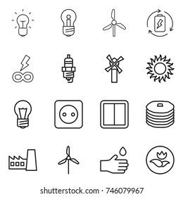 thin line icon set : bulb, windmill, battery charge, infinity power, spark plug, sun, socket, switch, pancakes, factory, hand drop, ecology