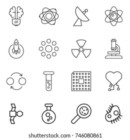 thin line icon set : bulb brain, atom, satellite antenna, rocket, round around, nuclear, microscope, quantum bond, vial, cpu, cardio chip, chemical, viruses, microb