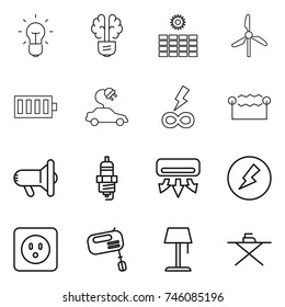 thin line icon set : bulb, brain, sun power, windmill, battery, electric car, infinity, electrostatic, megafon, spark plug, air conditioning, electricity, socket, mixer, floor lamp, iron board