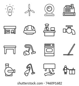 thin line icon set : bulb, windmill, web cam, cashbox, gas station, building helmet, customs control, water tap, table, vacuum cleaner, oven, rake, pump, hand dryer, kitchen cleaning