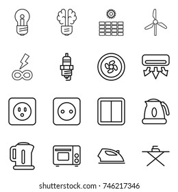 thin line icon set : bulb, brain, sun power, windmill, infinity, spark plug, cooler fan, air conditioning, socket, switch, kettle, grill oven, iron, board