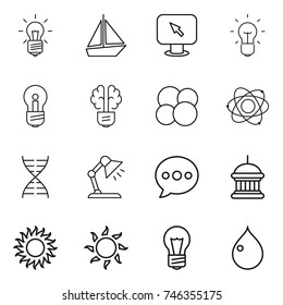 thin line icon set : bulb, boat, monitor arrow, brain, atom core, dna, table lamp, balloon, goverment house, sun, drop