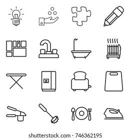 thin line icon set : bulb, chemical industry, puzzle, pencil, consolidated cargo, water tap, bath, radiator, iron board, fridge, toaster, cutting, garlic clasp, whisk, fork spoon plate