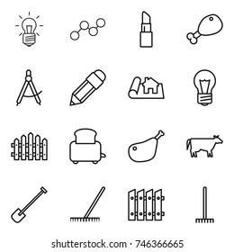 thin line icon set : bulb, graph, lipstick, chicken leg, draw compass, pencil, project, fence, toaster, cow, shovel, rake