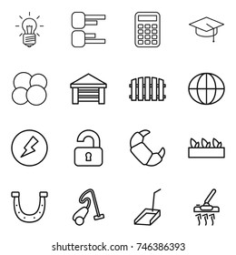 thin line icon set : bulb, diagram, calculator, graduate hat, atom core, garage, fence, globe, electricity, unlocked, croissant, seedling, horseshoe, vacuum cleaner, scoop
