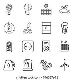 thin line icon set : bulb, brain, sun power, eco car, battery charge, infinity, barrel, remote control, socket, speaker, radiator, kettle, gears, windmill
