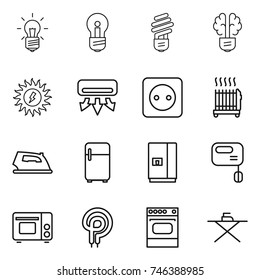 thin line icon set : bulb, brain, sun power, air conditioning, socket, radiator, iron, fridge, mixer, grill oven, elecric, board