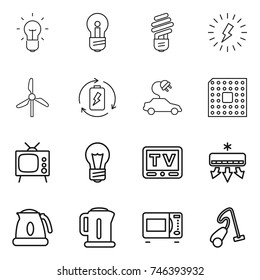 thin line icon set : bulb, lightning, windmill, battery charge, electric car, cpu, tv, air conditioning, kettle, microwave oven, vacuum cleaner