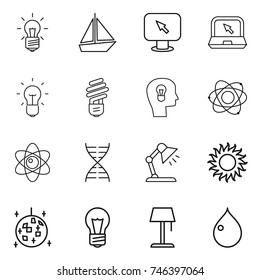 thin line icon set : bulb, boat, monitor arrow, notebook, head, atom, dna, table lamp, sun, disco ball, floor, drop