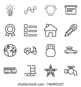 thin line icon set : bulb, graph, hex molecule, atm receipt, medal, list, home, pencil, globe, scooter shipping, heavy, car baggage, bus, pool, starfish, water tap