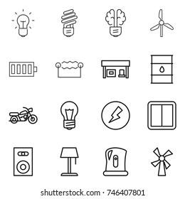 thin line icon set : bulb, brain, windmill, battery, electrostatic, gas station, barrel, motorcycle, electricity, power switch, speaker, floor lamp, kettle