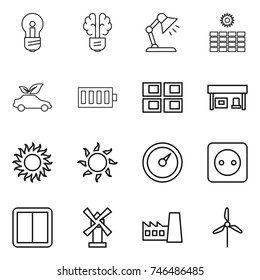 thin line icon set : bulb, brain, table lamp, sun power, eco car, battery, panel house, gas station, barometer, socket, switch, windmill, factory