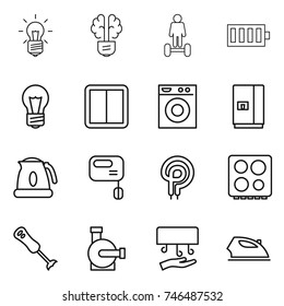 thin line icon set : bulb, brain, hoverboard, battery, power switch, washing machine, fridge, kettle, mixer, elecric oven, hob, blender, water pump, hand dryer, iron