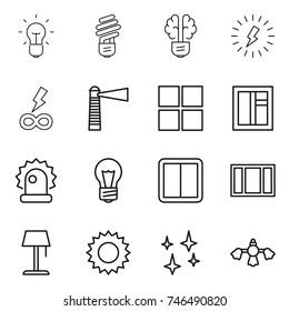 thin line icon set : bulb, brain, lightning, infinity power, lighthouse, window, alarm, switch, floor lamp, sun, shining, hard reach place cleaning