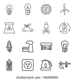 thin line icon set : bulb, sun power, windmill, nuclear, eco car, hoverboard, battery charge, spark plug, factory, gas station, remote control, socket, kettle, plow