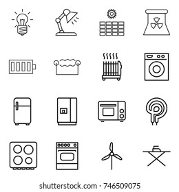 thin line icon set : bulb, table lamp, sun power, nuclear, battery, electrostatic, radiator, washing machine, fridge, grill oven, elecric, hob, windmill, iron board