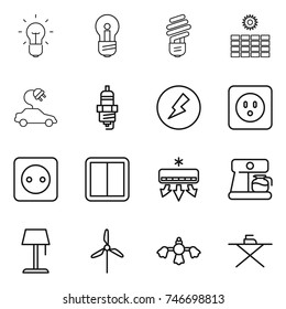 thin line icon set : bulb, sun power, electric car, spark plug, electricity, socket, switch, air conditioning, coffee maker, floor lamp, windmill, hard reach place cleaning, iron board
