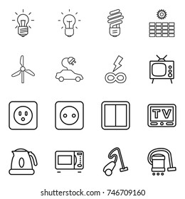 thin line icon set : bulb, sun power, windmill, electric car, infinity, tv, socket, switch, kettle, microwave oven, vacuum cleaner