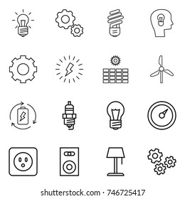 thin line icon set : bulb, gear, head, lightning, sun power, windmill, battery charge, spark plug, barometer, socket, speaker, floor lamp, gears
