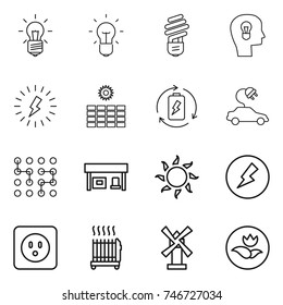 thin line icon set : bulb, head, lightning, sun power, battery charge, electric car, chip, gas station, electricity, socket, radiator, windmill, ecology