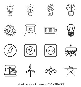thin line icon set : bulb, brain, sun power, nuclear, battery, electricity, socket, air conditioning, coffee maker, windmill, hard reach place cleaning, iron board