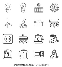 thin line icon set : bulb, sun power, windmill, infinity, electrostatic, air conditioning, socket, kettle, vacuum cleaner, microwave oven