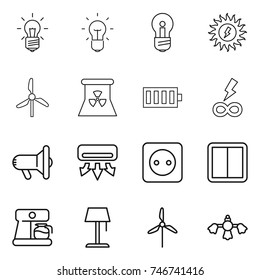 thin line icon set : bulb, sun power, windmill, nuclear, battery, infinity, megafon, air conditioning, socket, switch, coffee maker, floor lamp, hard reach place cleaning