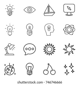 thin line icon set : bulb, eye, boat, monitor arrow, head, atom, table lamp, balloon, sun, disco ball, cherry, shining