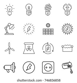 thin line icon set : bulb, brain, table lamp, lightning, sun power, windmill, nuclear, battery charge, electrostatic, megafon, electricity, socket, mixer