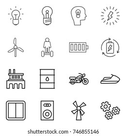 thin line icon set : bulb, head, lightning, windmill, hoverboard, battery, charge, factory, barrel, motorcycle, jet ski, power switch, speaker, gears