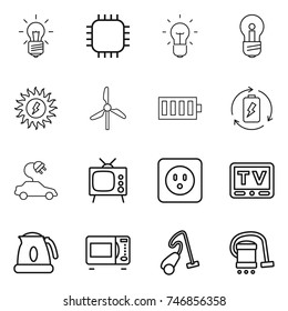 thin line icon set : bulb, chip, sun power, windmill, battery, charge, electric car, tv, socket, kettle, microwave oven, vacuum cleaner