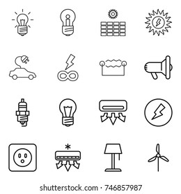 thin line icon set : bulb, sun power, electric car, infinity, electrostatic, megafon, spark plug, air conditioning, electricity, socket, floor lamp, windmill