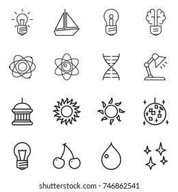 thin line icon set : bulb, boat, brain, atom, dna, table lamp, goverment house, sun, disco ball, cherry, drop, shining
