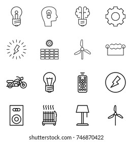 thin line icon set : bulb, head, brain, gear, lightning, sun power, windmill, electrostatic, motorcycle, remote control, electricity, speaker, radiator, floor lamp