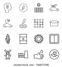 thin line icon set : bulb head, lightning, sun power, eco car, electric, infinity, chip, electrostatic, spark plug, barrel, switch, windmill, factory, hand drop, ecology