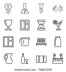 thin line icon set : bulb brain, flask, vial, smart glasses, wineglass, window, sand clock, cocktail, measuring cup, spices, bank, jug, wine, clean, skysrcapers cleaning