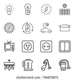 thin line icon set : bulb, lightning, sun power, battery charge, electric car, electrostatic, tv, socket, switch, air conditioning, kettle, vacuum cleaner
