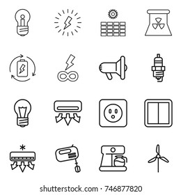 thin line icon set : bulb, lightning, sun power, nuclear, battery charge, infinity, megafon, spark plug, air conditioning, socket, switch, mixer, coffee maker, windmill