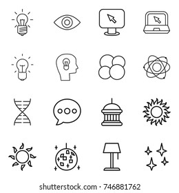 thin line icon set : bulb, eye, monitor arrow, notebook, head, atom core, dna, balloon, goverment house, sun, disco ball, floor lamp, shining