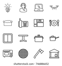 thin line icon set : bulb, call center, notebook, drone, electrostatic, phone, consolidated cargo, cafe, power switch, table, pan, saute, grill oven, sieve, axe, utility room