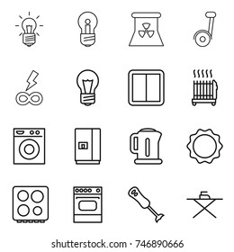 thin line icon set : bulb, nuclear power, segway, infinity, switch, radiator, washing machine, fridge, kettle, induction oven, hob, blender, iron board