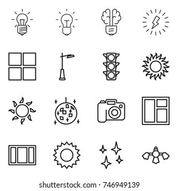 thin line icon set : bulb, brain, lightning, window, outdoor light, traffic, sun, disco ball, camera, shining, hard reach place cleaning