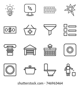 thin line icon set : bulb, monitor arrow, battery, bang, money, add to basket, funnel, list, column, garage, university, ring button, pan, toilet, garbage bin